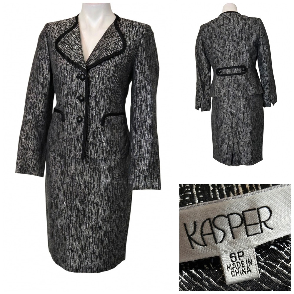 Kasper Petite 2 Piece Skirt Suit Set Black Silver Metallic Textured Blazer 6P